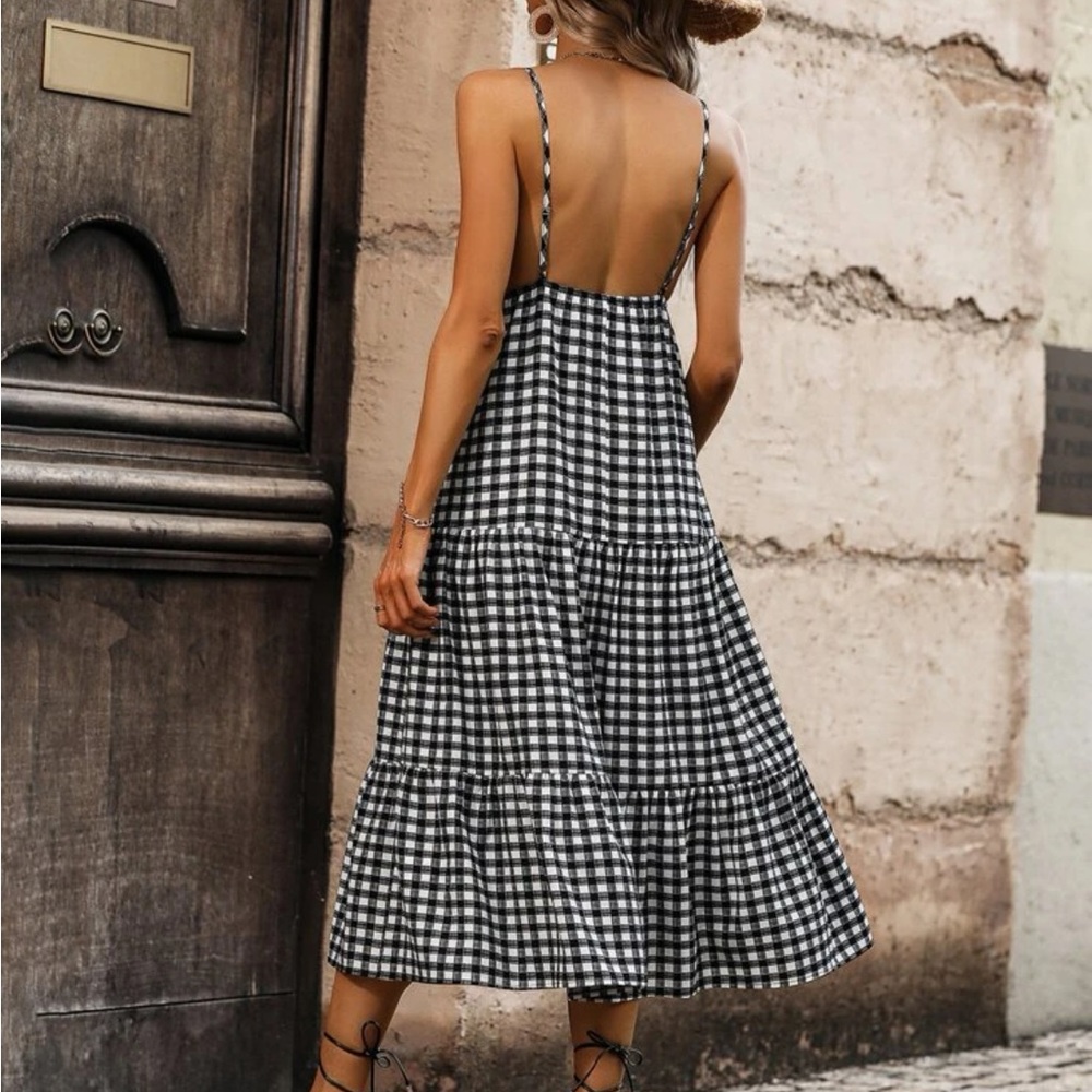 Classic Gingham Print Deep V neck Tired Cami Dress - Picture 2 of 6